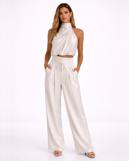 Ensemble femme top drapé col montant et pantalon large taille haute