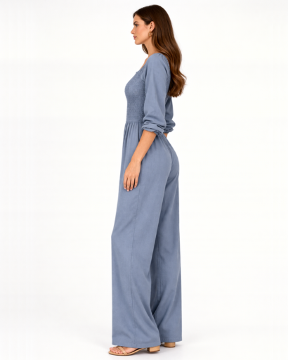 Combinaison femme col carré taille smockée jambe large