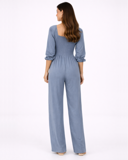 Combinaison femme col carré taille smockée jambe large
