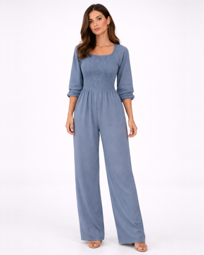 Combinaison femme col carré taille smockée jambe large
