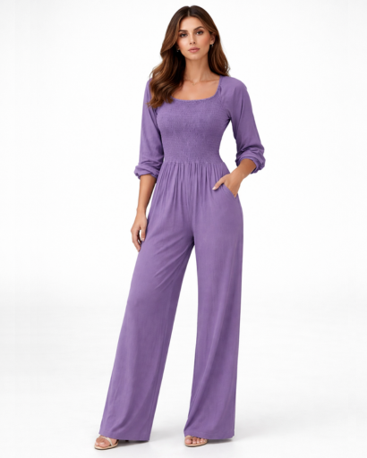 Combinaison femme col carré taille smockée jambe large