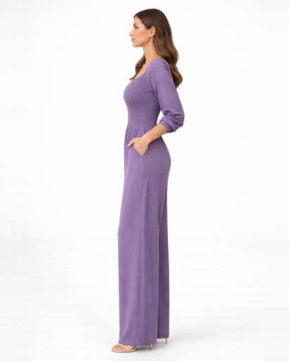 Combinaison femme col carré taille smockée jambe large