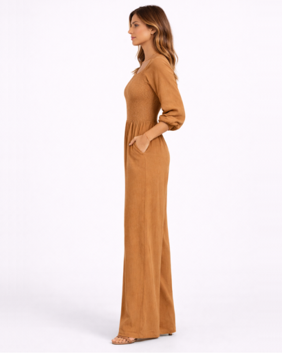 Combinaison femme col carré taille smockée jambe large