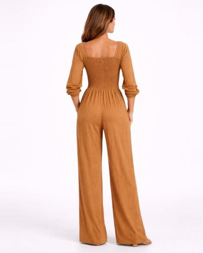 Combinaison femme col carré taille smockée jambe large