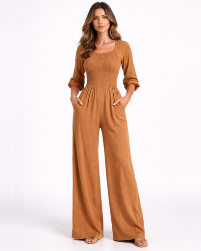 Combinaison femme col carré taille smockée jambe large