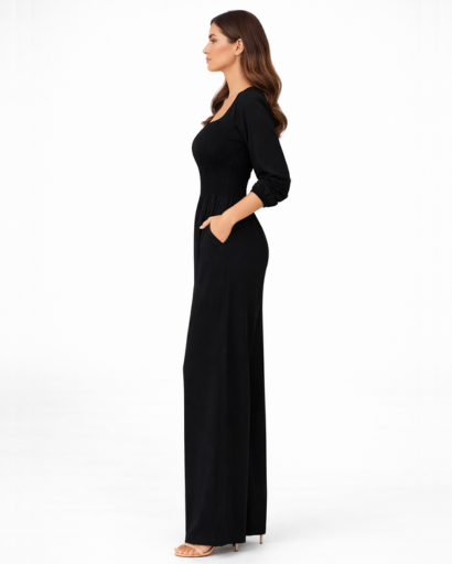 Combinaison femme col carré taille smockée jambe large