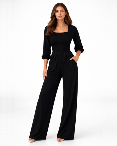 Combinaison femme col carré taille smockée jambe large