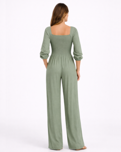 Combinaison femme col carré taille smockée jambe large