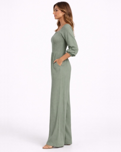 Combinaison femme col carré taille smockée jambe large