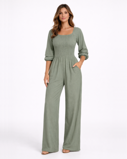 Combinaison femme col carré taille smockée jambe large