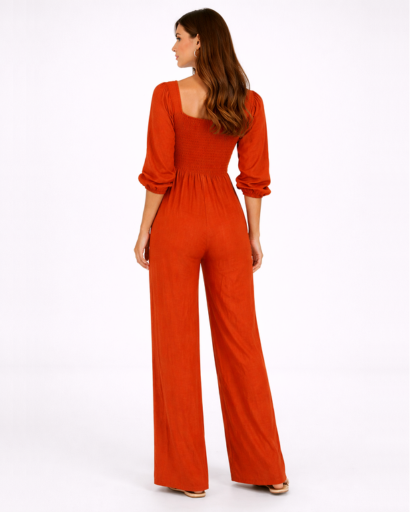 Combinaison femme col carré taille smockée jambe large