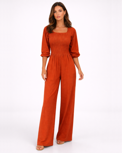 Combinaison femme col carré taille smockée jambe large