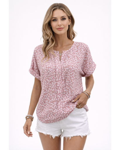Blouse fluide imprimée manches courtes col fendu