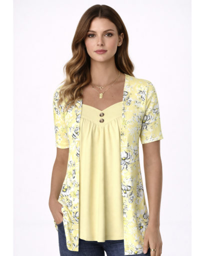 Top fluide imprimé floral manches courtes col en V boutonné