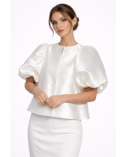 Blouse satinée manches bouffantes col rond structuré
