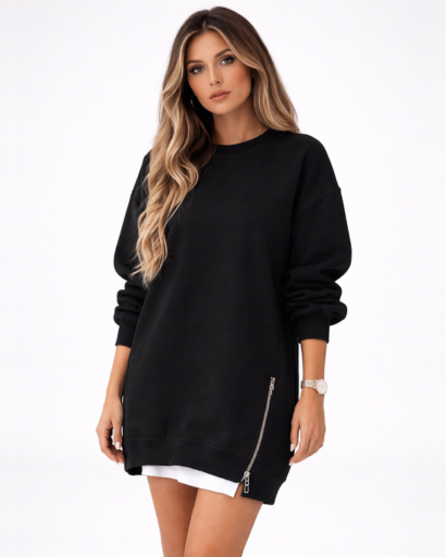 Sweat long femme oversize manches longues avec zip latéral