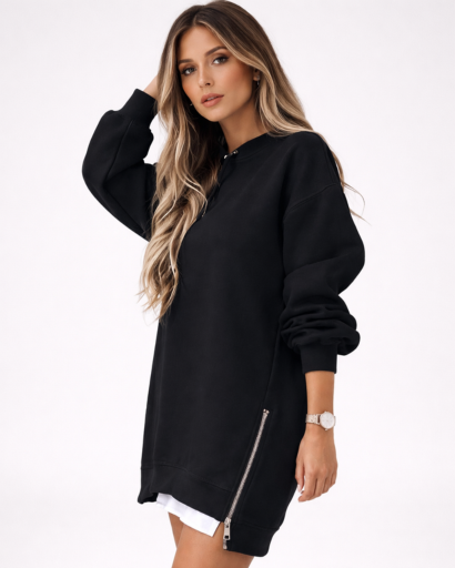Sweat long femme oversize manches longues avec zip latéral