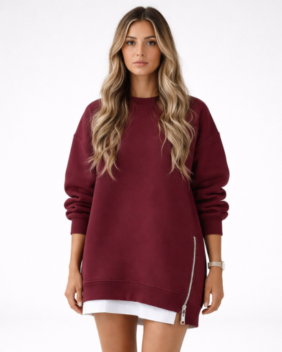 Sweat long femme oversize manches longues avec zip latéral