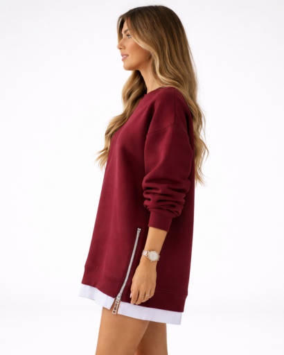 Sweat long femme oversize manches longues avec zip latéral