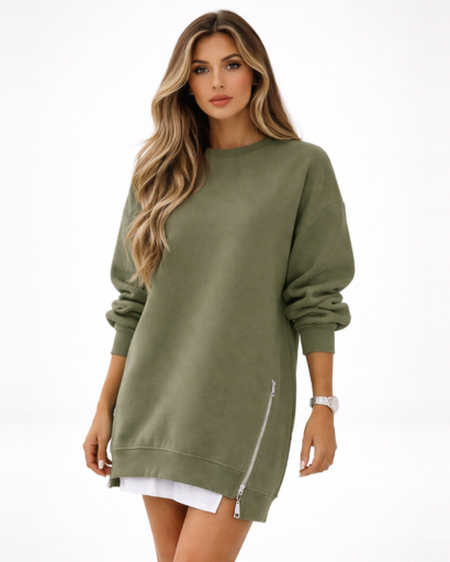 Sweat long femme oversize manches longues avec zip latéral