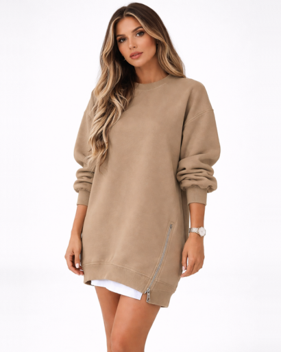 Sweat long femme oversize manches longues avec zip latéral