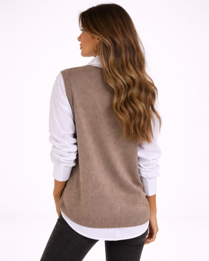 Pull sans manches femme col V coupe ample maille fine