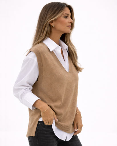 Pull sans manches femme col V coupe ample maille fine