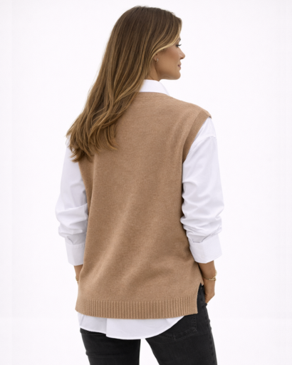 Pull sans manches femme col V coupe ample maille fine