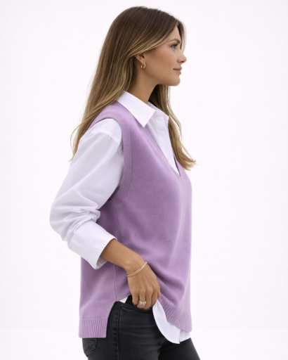 Pull sans manches femme col V coupe ample maille fine