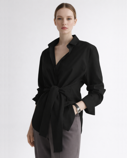 Chemise femme cintrée à nouer manches longues col classique