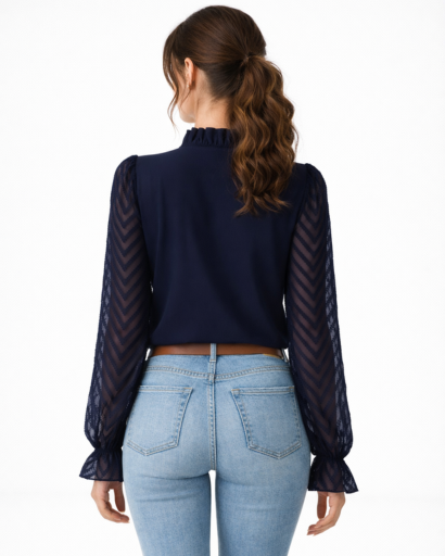 Blouse femme manches transparentes col montant plissé