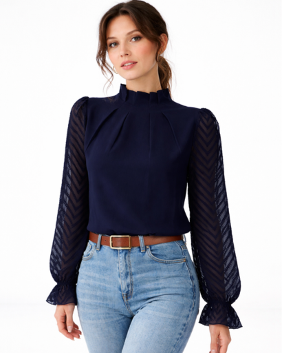 Blouse femme manches transparentes col montant plissé