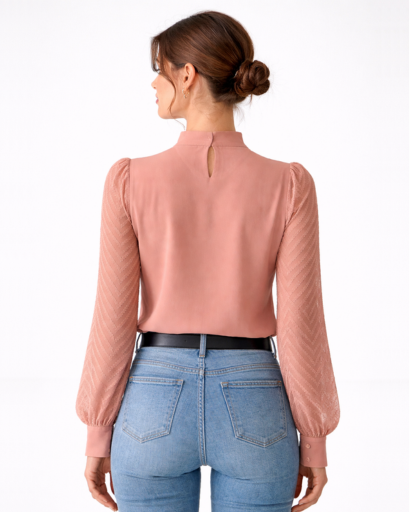 Blouse femme manches transparentes col montant plissé
