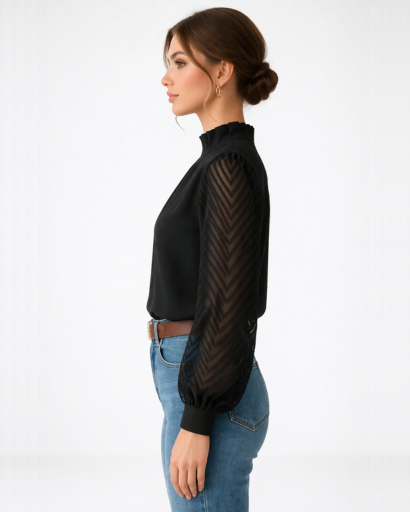 Blouse femme manches transparentes col montant plissé