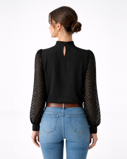 Blouse femme manches transparentes col montant plissé
