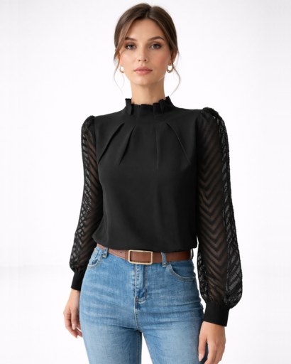 Blouse femme manches transparentes col montant plissé