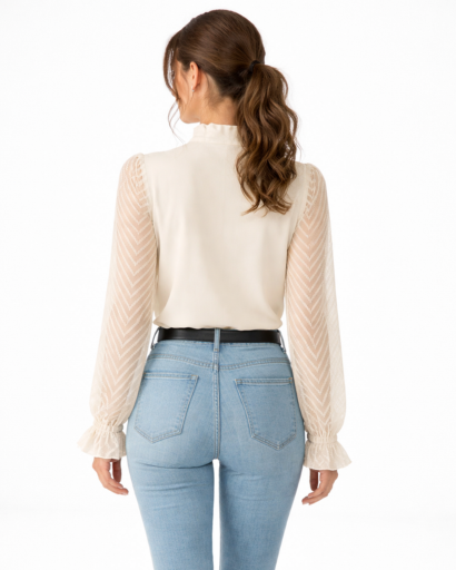 Blouse femme manches transparentes col montant plissé