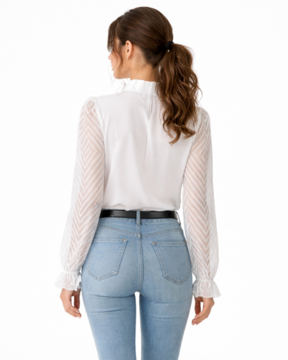 Blouse femme manches transparentes col montant plissé