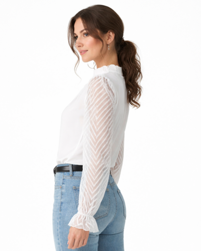 Blouse femme manches transparentes col montant plissé