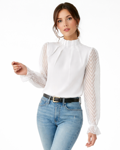 Blouse femme manches transparentes col montant plissé