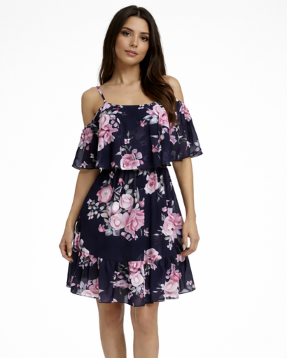Robe courte fleurie épaules dénudées à volants