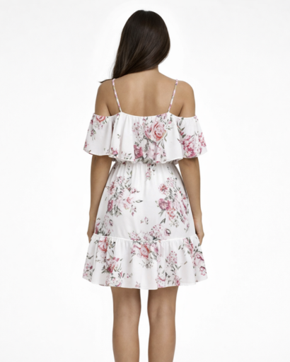 Robe courte fleurie épaules dénudées à volants