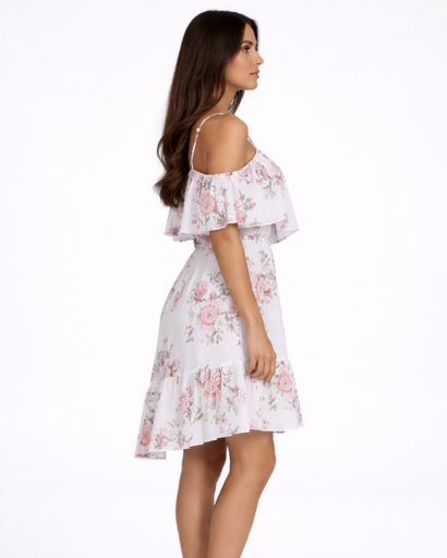 Robe courte fleurie épaules dénudées à volants