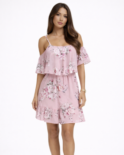 Robe courte fleurie épaules dénudées à volants