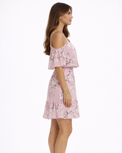 Robe courte fleurie épaules dénudées à volants