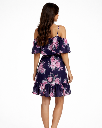Robe courte fleurie épaules dénudées à volants