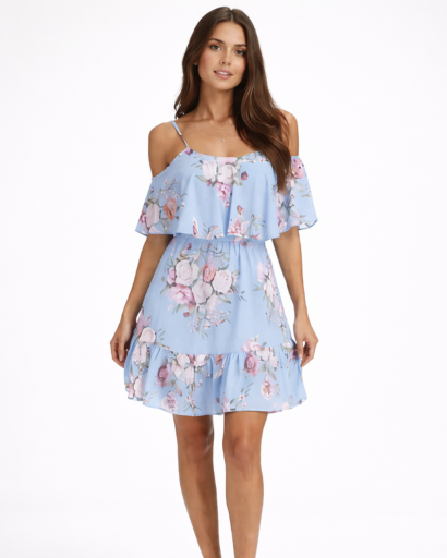 Robe courte fleurie épaules dénudées à volants