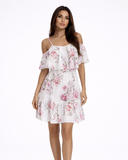 Robe courte fleurie épaules dénudées à volants
