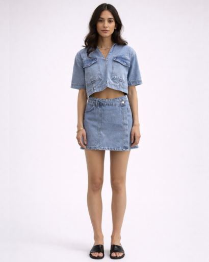 Ensemble denim femme jupe courte et top cropped structuré