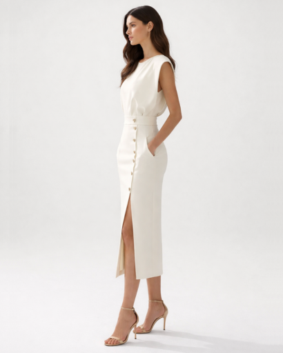 Robe midi femme coupe droite fendue avec boutons décoratifs